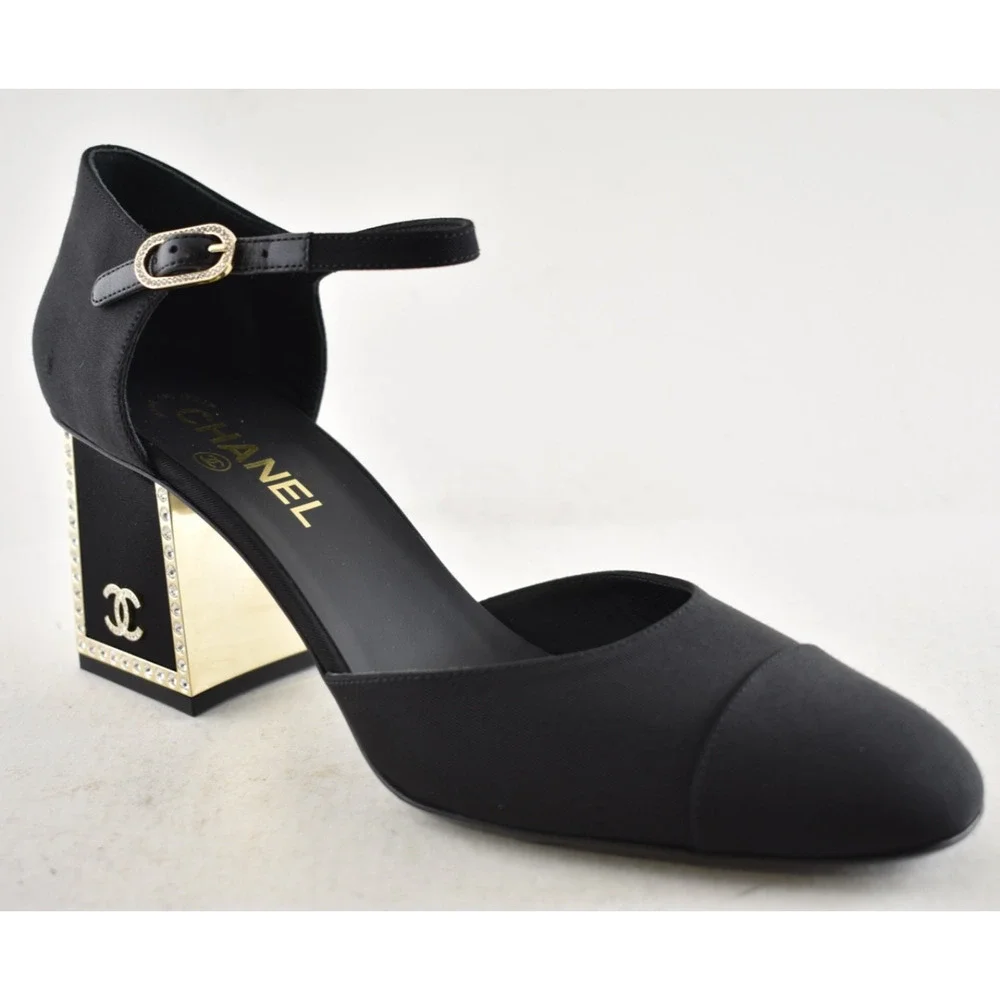 Chanel 24B Black Crystal CC Logo Gold Mary Jane Ankle Strap Block Heel Pumps 40 - Picture 4 of 16